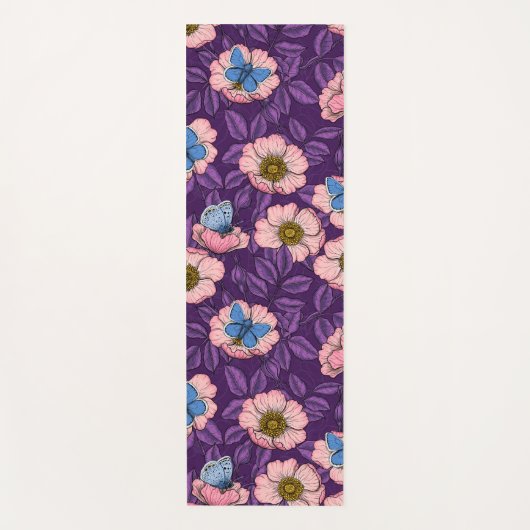 Roos en vlinders in roze en paarse yogamat (Voorkant)