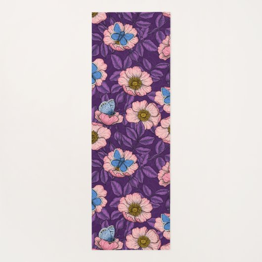 Roos en vlinders in roze en paarse yogamat (Achterkant)
