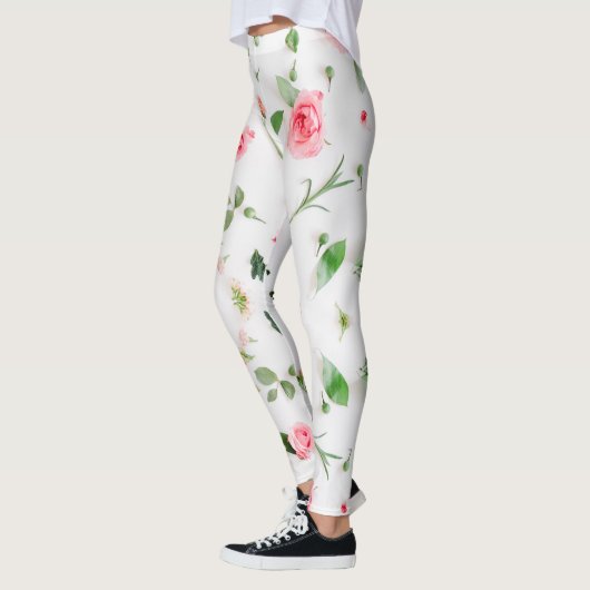 Roos en Zinnia bloemenpatroon op witte achtergrond Leggings (Links)
