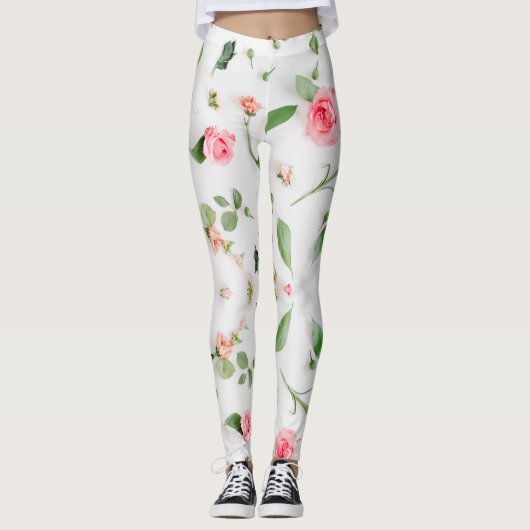 Roos en Zinnia bloemenpatroon op witte achtergrond Leggings (Voorkant)
