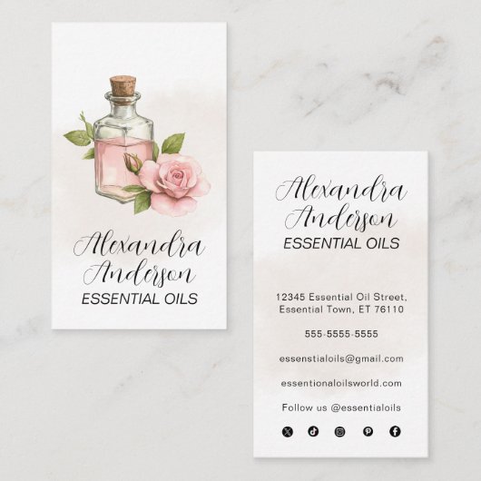 Roos etherische oliën Waterverf bloemenscript Visitekaartje (Voorkant / Achterkant)