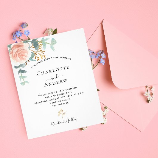 Roos eucalyptus blush budget huwelijkuitnodiging flyer