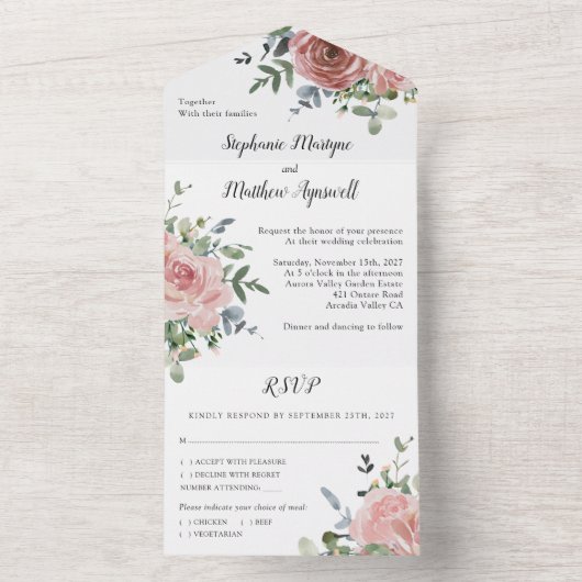 Roos Eucalyptus Botanical Wedding All In One Uitnodiging (Binnen)