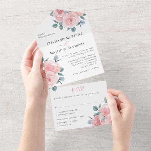 Roos Eucalyptus Elegant Floral Wedding All In One Uitnodiging (Afscheurbaar)