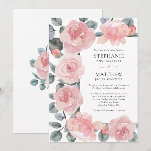 Roos Eucalyptus Elegant Floral Wedding Kaart (Voorkant / Achterkant)
