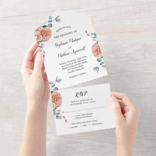 Roos Eucalyptus Floral Botanical Wedding All In One Uitnodiging (Afscheurbaar)