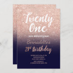 Roos faux gold, faux glitter navy blue ombre 21st  kaart<br><div class="desc">Faux roos gold glitter ombre op marvy blue 21st Birthday Een moderne uitnodiging van 21st Birthday met moderne, originele en eenvoudige faux roos goudglitter-uitnodiging en handgeschreven stijl borsteltypografie op een volledig aanpasbare blauw marinekleurachtergrond. Als u een gewijzigde en aangepaste tekst nodig hebt, aarzel dan niet om contact met mij op...</div>