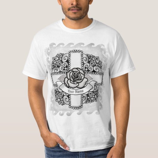 Roos Filigree Christelijk Kruis T-shirt (Voorkant)