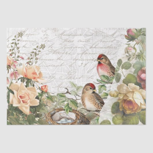 Roos Flora Bird Nest Pink French Script Decoupage Tissuepapier (Voorkant)