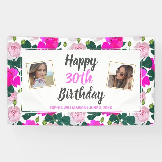 Roos Floral Birthday Elke Leeftijd Naam Aangepaste Spandoek (Horizontaal)