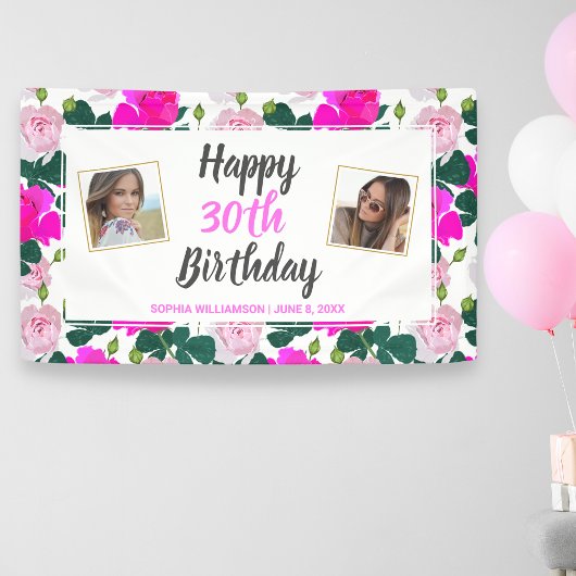 Roos Floral Birthday Elke Leeftijd Naam Aangepaste Spandoek