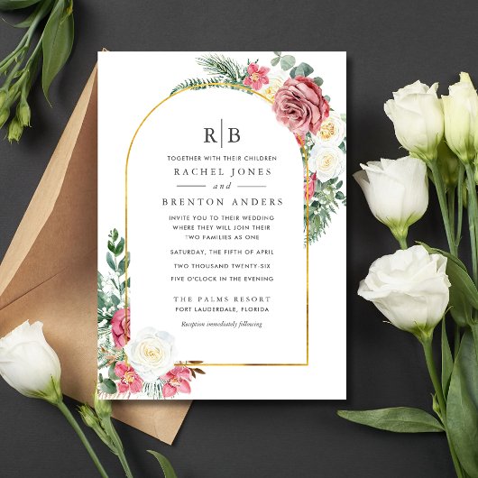 Roos Floral Blended Family Monogram Weddenschap Kaart