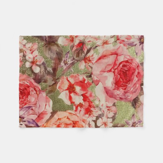 Roos Floral Bloom Raspberry Pink Waterverf Fleece Deken (Voorkant (Horizontaal))