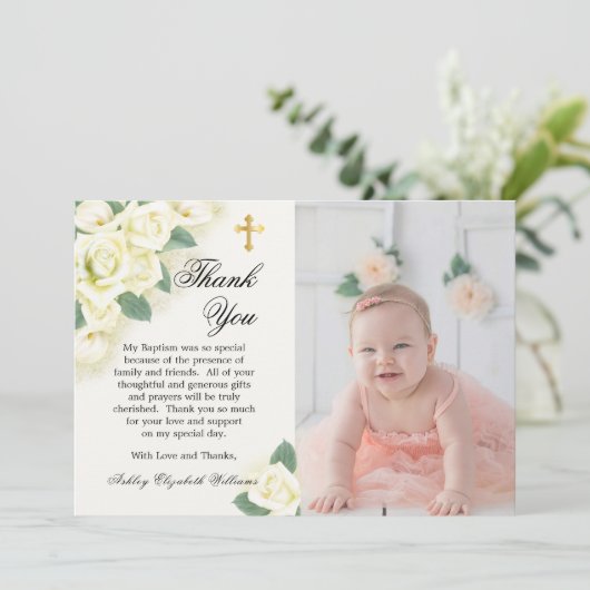 Roos Floral Bouquet Baptism Foto bedankt (Staand voorkant)