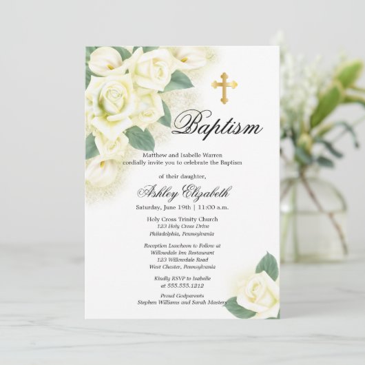 Roos Floral Bouquet Baptism Uitnodiging (Staand voorkant)