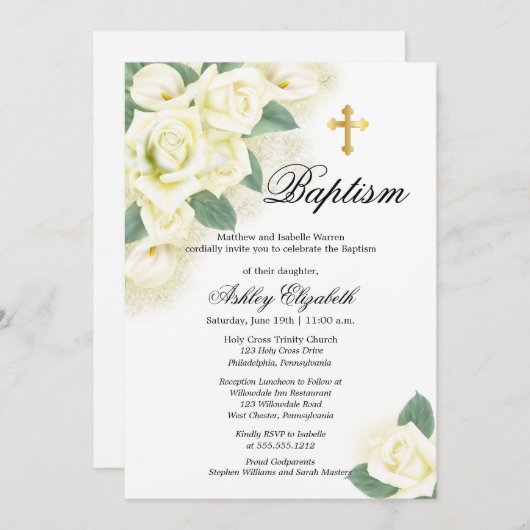 Roos Floral Bouquet Baptism Uitnodiging (Voorkant / Achterkant)