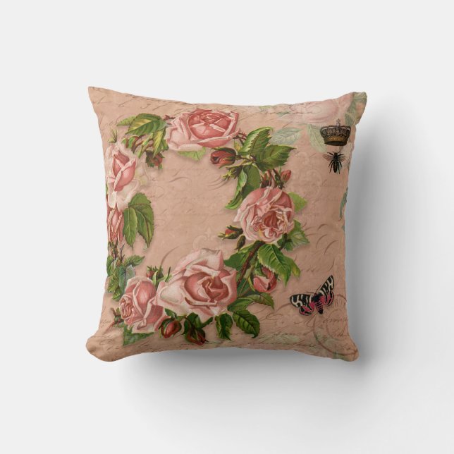  Roos Floral Bouquet Flowers Bee in Ephemera Kussen (Voorkant)