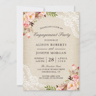 Roos Floral Burlap Lace Engagement Party Kaart