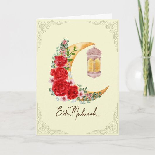 Roos Floral Crescent Islamitische Lantaarn Eid Mub Kaart (Voorkant)