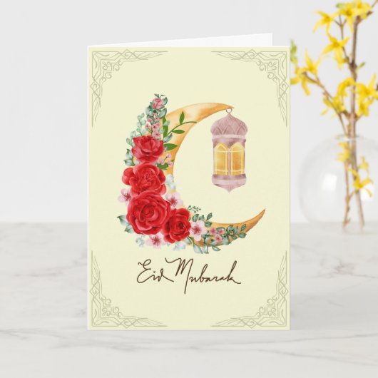 Roos Floral Crescent Islamitische Lantaarn Eid Mub Kaart (Gele Bloem)