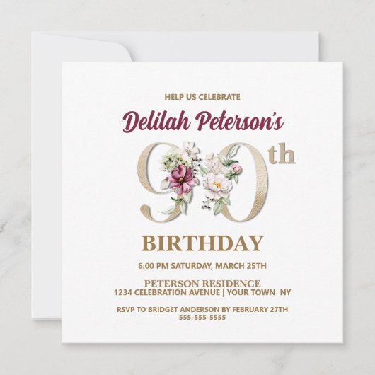 Roos Floral D 90th Birthday Party Invitation Kaart (Voorkant)