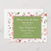 Roos Floral en Green Wedding Save the Date Aankondigingskaart (Voorkant / Achterkant)