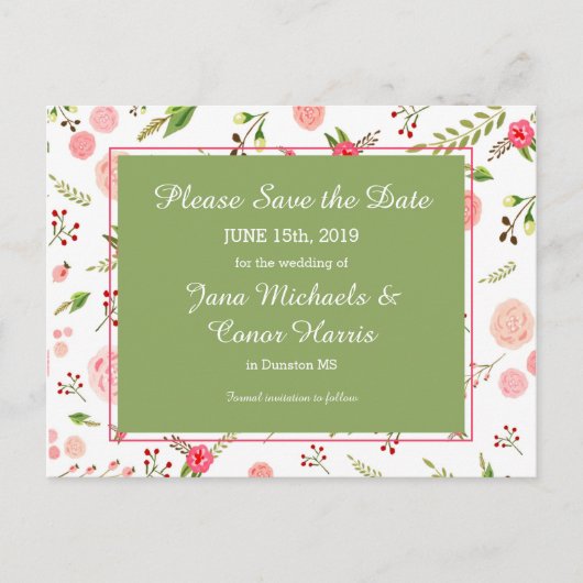 Roos Floral en Green Wedding Save the Date Aankondigingskaart (Voorkant)