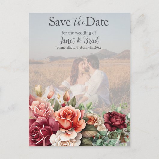 Roos Floral Eucalyptus Bewaar de datumfoto Briefkaart (Voorkant)