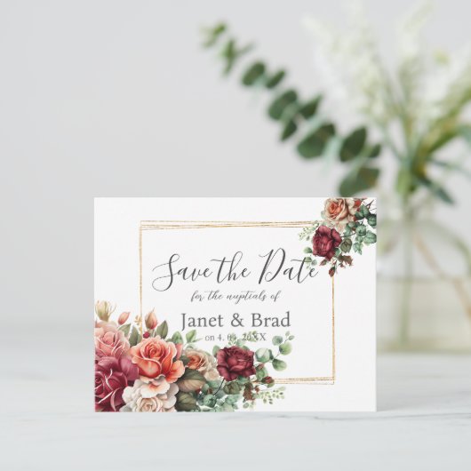 Roos Floral Eucalyptus Wedding Save the Date Briefkaart (Staand voorkant)