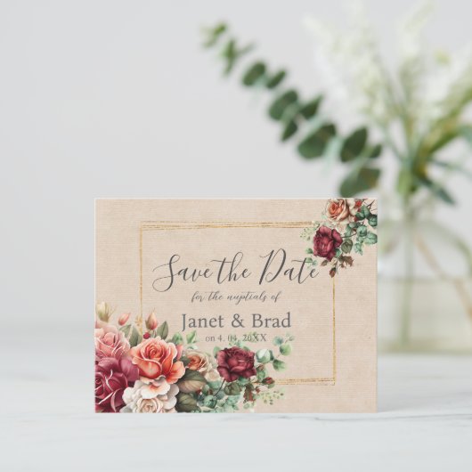 Roos Floral Eucalyptus Wedding Save the Date Briefkaart (Staand voorkant)