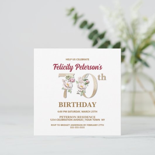 Roos Floral F 70th Birthday Party Invitation Kaart (Staand voorkant)