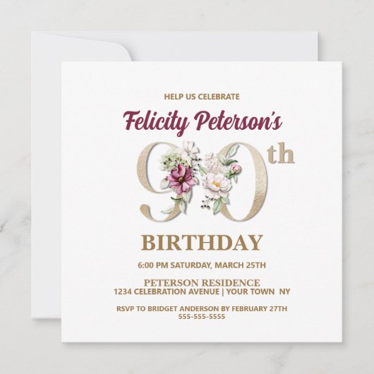 Roos Floral F 90th Birthday Party Invitation Kaart (Voorkant)