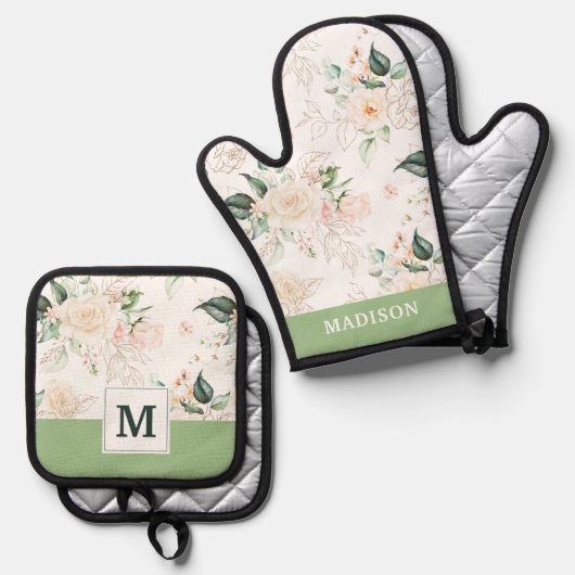 Roos Floral Garden Pattern Ovenwant & Pannenlap Set (Voorkant / Achterkant)