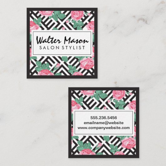 Roos Floral Geometric Pattern Vierkante Visitekaartje (Voorkant / Achterkant)
