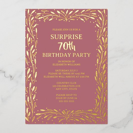Roos Floral Glam 70e Custom Surprise Verjaardag Folie Uitnodiging (Voorkant)