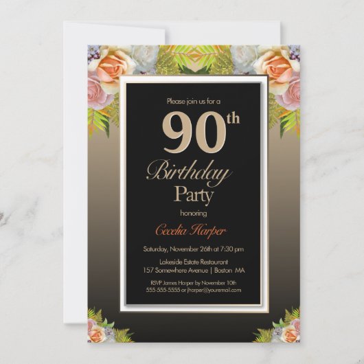 Roos Floral Gold Border Black 90th Birthday Party Kaart (Voorkant)