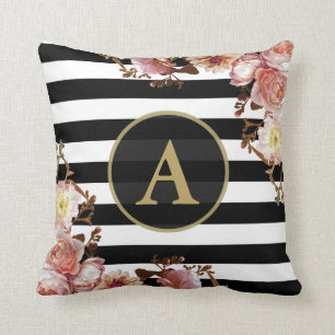 Roos Floral Gold Monogram Black White Stripe Kussen