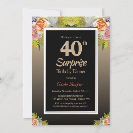 Roos Floral Gold Surprise 40th Birthday Dinner Kaart (Voorkant)