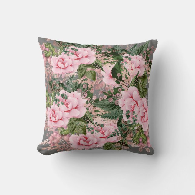 ROOS FLORAL GRAY DESIGN CUSTOM CUSHION KUSSEN (Voorkant)