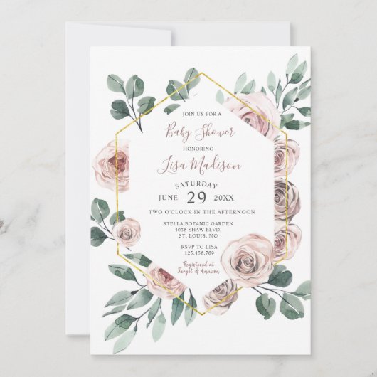 Roos Floral Greenery Baby shower Invitation Kaart (Voorkant)