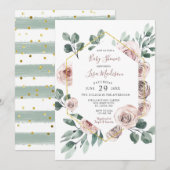 Roos Floral Greenery Baby shower Invitation Kaart (Voorkant / Achterkant)