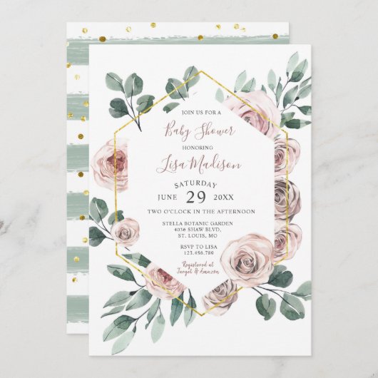 Roos Floral Greenery Baby shower Invitation Kaart (Voorkant / Achterkant)
