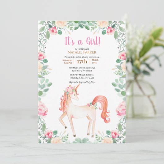 Roos Floral Greenery Girl Baby shower Kaart (Staand voorkant)