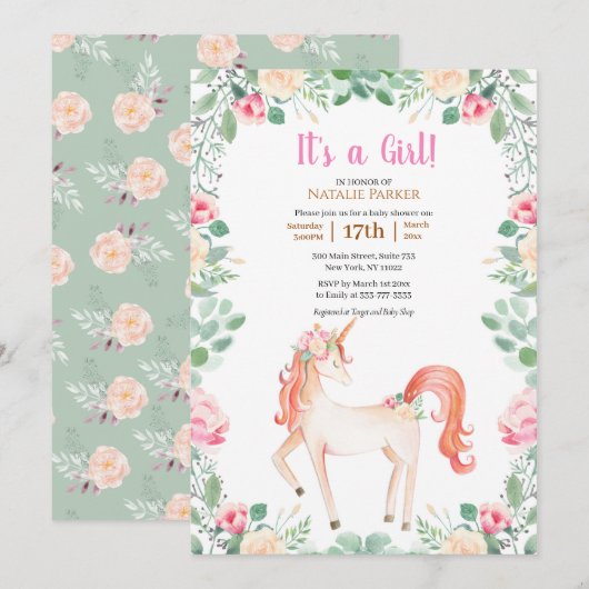 Roos Floral Greenery Girl Baby shower Kaart (Voorkant / Achterkant)