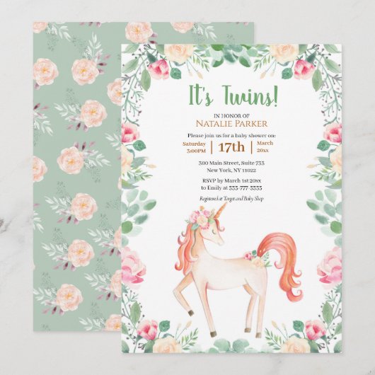 Roos Floral Greenery Twin Baby shower Kaart (Voorkant / Achterkant)