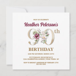 Roos Floral H 90th Birthday Party Invitation Kaart