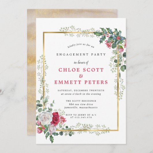 Roos Floral Holly Engagement Party Kaart (Voorkant / Achterkant)