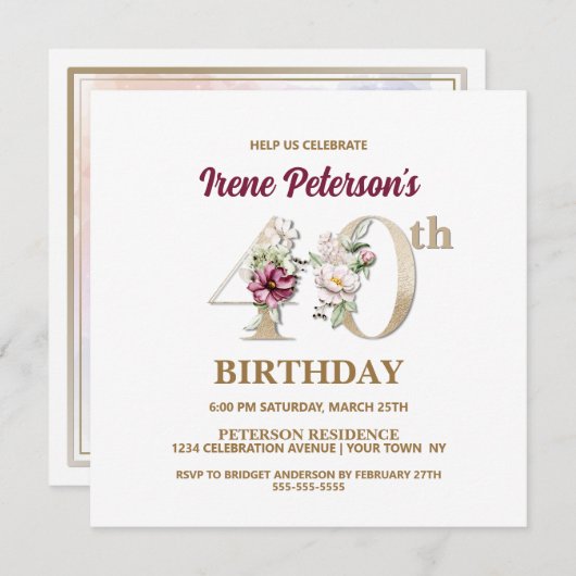 Roos Floral I 40th Birthday Party Invitation Kaart (Voorkant / Achterkant)