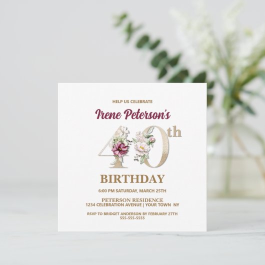 Roos Floral I 40th Birthday Party Invitation Kaart (Staand voorkant)