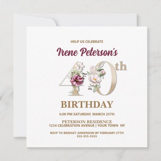 Roos Floral I 40th Birthday Party Invitation Kaart (Voorkant)
